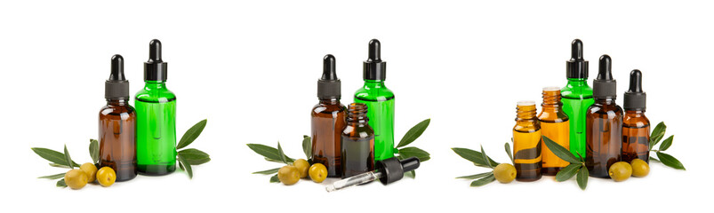 Olive essential oil. Glass bottle with olive oil isolated on a white background. Cosmetic oil.