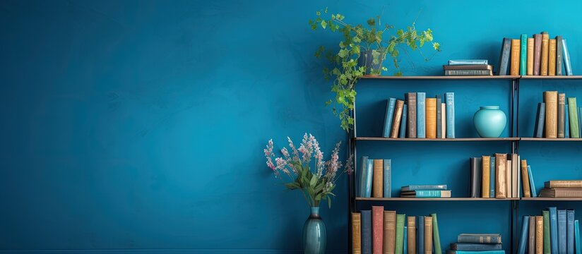 Book storage with indoor gardens by a colored wall