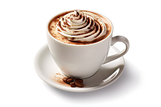 A cup of coffee or hot choclate with milk whip cream and cholcolate powder on the white background. genarative ai