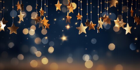 Christmas background with a navy background, gold stars, and glittering bokeh. Generative Ai.