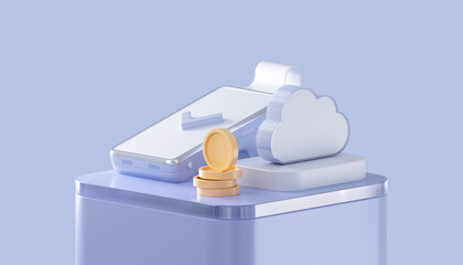 Business and e-commerce concept background. Podium with cash money, cash terminal and cloud icon. 3d rendering.