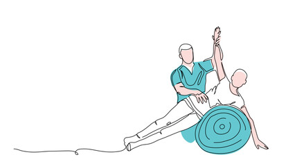 Fitball rehabilitation therapy. Physiotherapy treatment vector illustration. One continuous line art drawing of rehabilitation fitball exercises