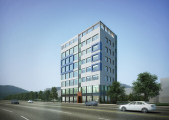 Fototapeta na wymiar modern office building in the city, 3D rendering of a modern office building in byelnae-dong