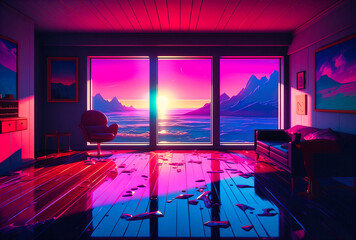 Purple Lights and Checkered Floor: A Surreal Room Awaits - obrazy, fototapety, plakaty