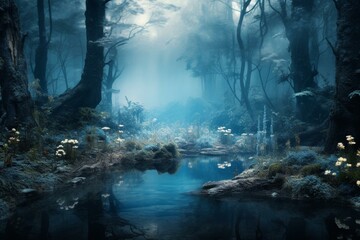 Image of a serene blue forest with an enchanting and isolated aura. Generative AI