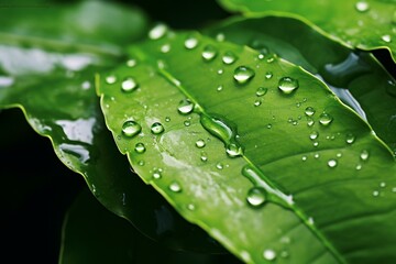 Macro shot of rainwater drops on green leaf shining in sunlight. Generative AI