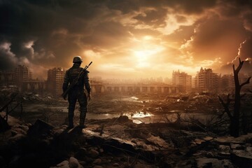 Solitary soldier amidst ruined city, apocalyptic scenery, devastated city ruins, dramatic sky. Generative AI