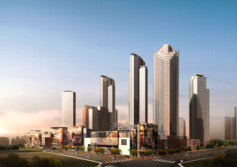 skyscrapers in the city, 3d rendering of the modern high-rise buidings in the city - obrazy, fototapety, plakaty