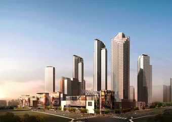Foto op Canvas skyscrapers in the city, 3d rendering of the modern high-rise buidings in the city © Daniel
