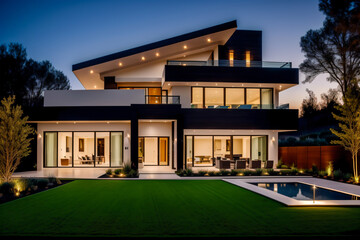 luxurious modern house with elegant garden lighting