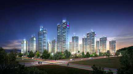 Fototapeta na wymiar city skyline at night, Night view of a modern apartment complex 3d architectural rendering