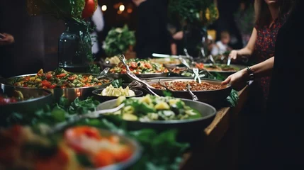 Fotobehang Indoor restaurant buffet with meat, fruit, and veggies in vibrant colors. Generative Ai. © Imran