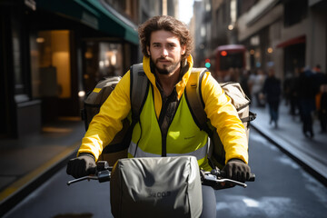 Man riding bike down street next to traffic light. Generative AI. - Powered by Adobe