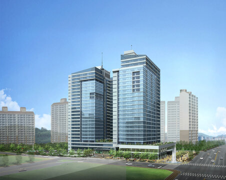 skyscrapers in the city, Architectural 3d rendering of modern office building finished with curtain wall