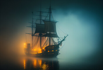 The ship is standing in the fog. AI Generated