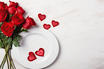 Valentines day table place setting with red roses and white plate on white background. Copy space. View from above.
