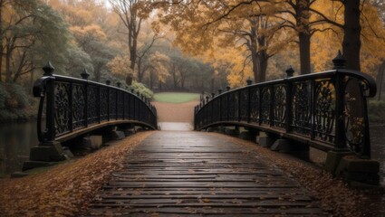 Photo old bridge with black metal railing in a dark autumn park - Powered by Adobe