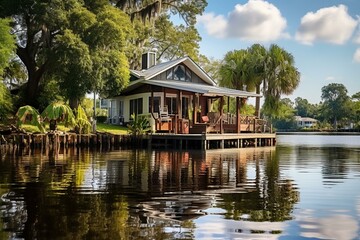 Fototapeta na wymiar Scenic house and dock on Little Manatee River, Riverview, Florida, USA. Generative AI