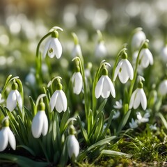White fresh snowdrops flower ( Galanthus ) on green meadow in sunny garden.