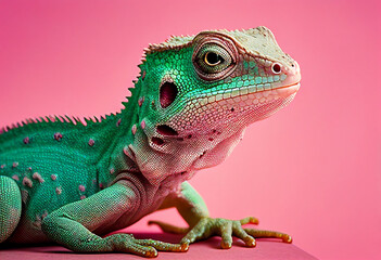 Obraz premium Portrait of a funny chameleon under studio pink lighting. AI Generated