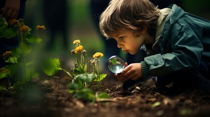 A child observing buds with a magnifying glass - obrazy, fototapety, plakaty