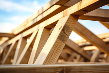 Detail of wooden frame of the prefabricated structure, view towards the sky