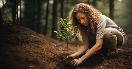 Environmental activist plants young tree in forest - reforestation, conservation and climate change issue - Generative AI