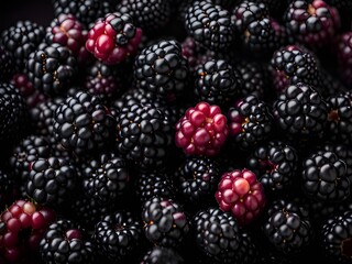 fresh blackberries in the bowl on a black background. top view