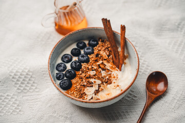 Yogurt Bowl with Cinnamon Granola and Blueberries