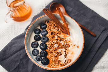 Yogurt Bowl with Cinnamon Granola and Blueberries