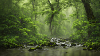 Winding river in the middle of a misty forest - obrazy, fototapety, plakaty
