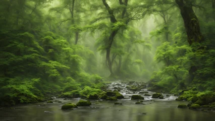 Tuinposter Winding river in the middle of a misty forest © Andrea