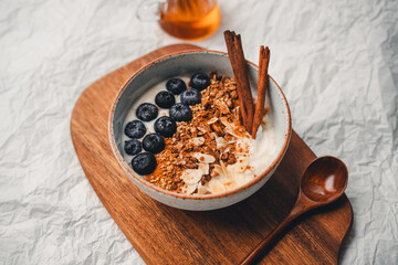 Yogurt Bowl with Cinnamon Granola and Blueberries