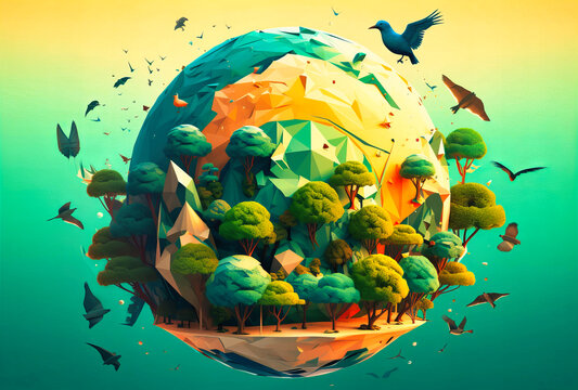 Nature's Harmony: Trees, Birds, and Globe in World Theme