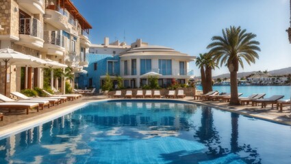 Fototapeta na wymiar Swimming pool in morning at mediterranean summer resort hotel in turkey reflection in water