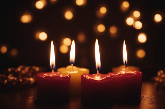 Birthday burning candles in line on dark background