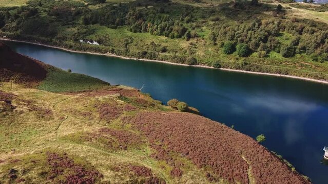 Beautiful nature of Scotland: Aerial view of the Torduff Reservoir in Pentland Hills, Bonaly, Edinburgh