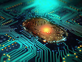 Abstract technology circuit board background. Fingerprint scanning cybersecurity concept