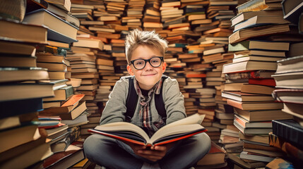 Happy little geek boy standing in between huge stacks of books