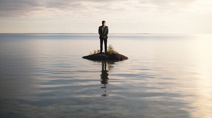 Standing alone concept with sad businessman standing alone on tiny island in the middle of the ocean - obrazy, fototapety, plakaty