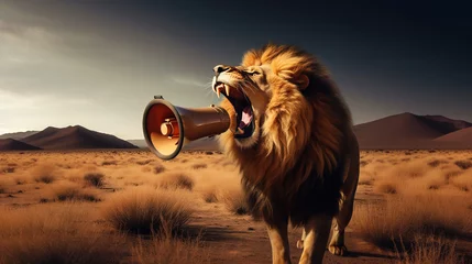 Raamstickers Might lion roaring into megaphone in the Savannah making himself heard by everyone  © IBEX.Media