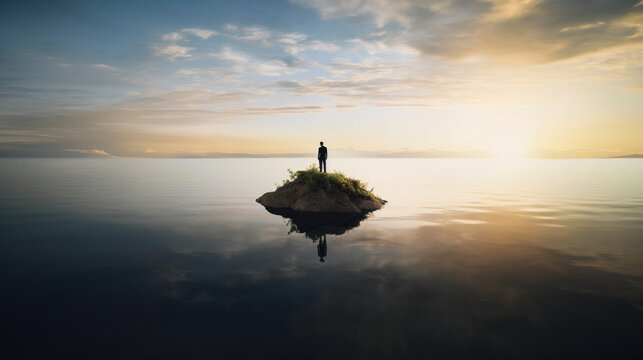 shipwrecked Silhouette of business man stranded on minuscular island in the middle of the ocean