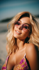 Portrait of an extremely attractive blonde woman on the beach wearing swimwear and sunglasses