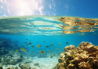 Fototapeta na wymiar Underwater split between reef with fishes and blue sky background.Macro.AI Generative