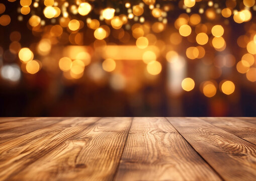 Christmas background with mmpty wooden table.Macro.AI Generative