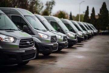 Delivery vans lined up, with gray cars on one side and green on the other. Promoting eco-friendly transportation. Generative AI