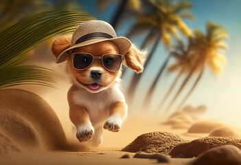 A cute puppy in a hat and sunglasses runs along the sea coast. AI Generated