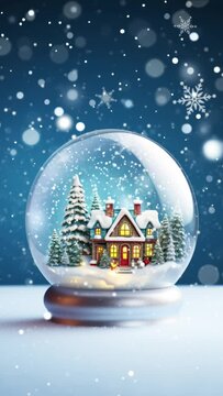 Vertical Video Glowing Crystal Ball on Snowfall Background. Beautiful 3d Cartoon Animation. Animated Greeting Card New Years Eve.