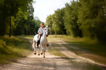 A beautiful brunette horsewoman in a white shirt rides on a horse in the forest.