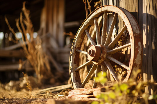 An old rusty wagon wheel leaning on a barn wall